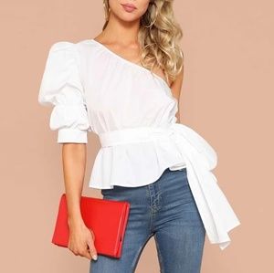 Puff Sleeve One Shoulder Belted Blouse